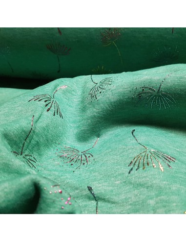 Tissu, Sweat Imprimé Fleurs de Pissenlits, Vert, Laize 150 cm, Mélange Coton Polyester Spandex