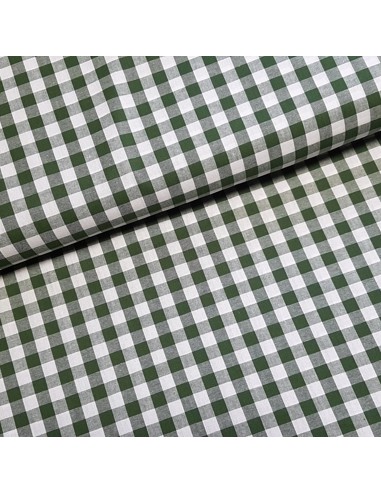 Tissu, Vichy Carreaux Moyens, Vert Olive et Blanc, Laize 144 cm, 100% Coton