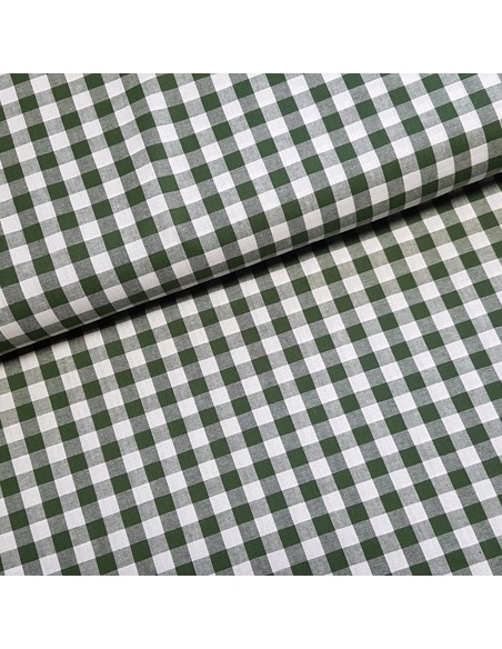 Tissu, Vichy Carreaux Moyens, Vert Olive et Blanc, Laize 144 cm, 100% Coton
