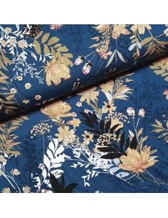 Tissu, Jersey Viscose, Feuilles et Fleurs sur Fond Bleu, Laize 145 cm, 100% Viscose Oeko-Tex