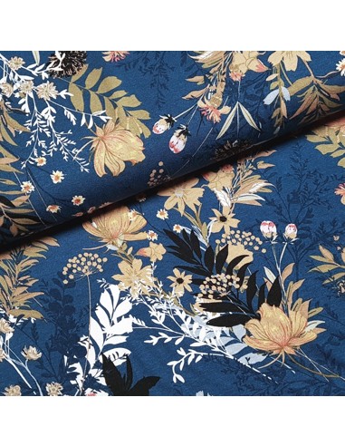 Tissu, Jersey Viscose, Feuilles et Fleurs sur Fond Bleu, Laize 145 cm, 100% Viscose Oeko-Tex