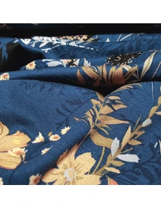 Tissu, Jersey Viscose, Feuilles et Fleurs sur Fond Bleu, Laize 145 cm, 100% Viscose Oeko-Tex 2