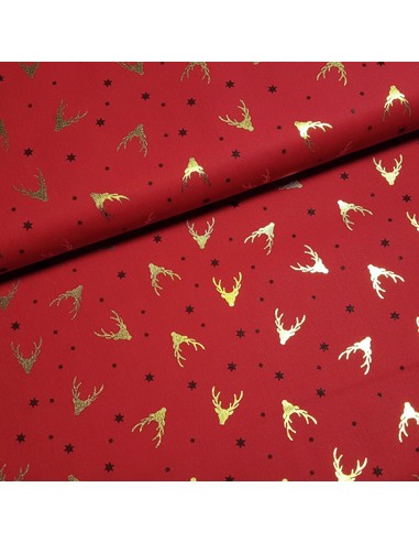 Tissu, Popeline de Coton Élans de Noël, Rouge Vif, Laize 150 cm, 100% Coton 120g/m²