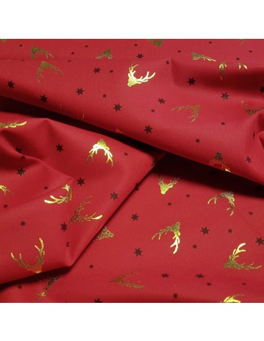 Tissu, Popeline de Coton Élans de Noël, Rouge Vif, Laize 150 cm, 100% Coton 120g/m²