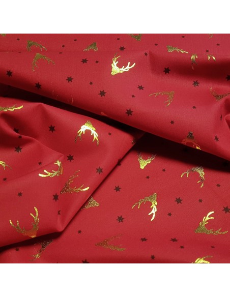 Tissu, Popeline de Coton Élans de Noël, Rouge Vif, Laize 150 cm, 100% Coton 120g/m²