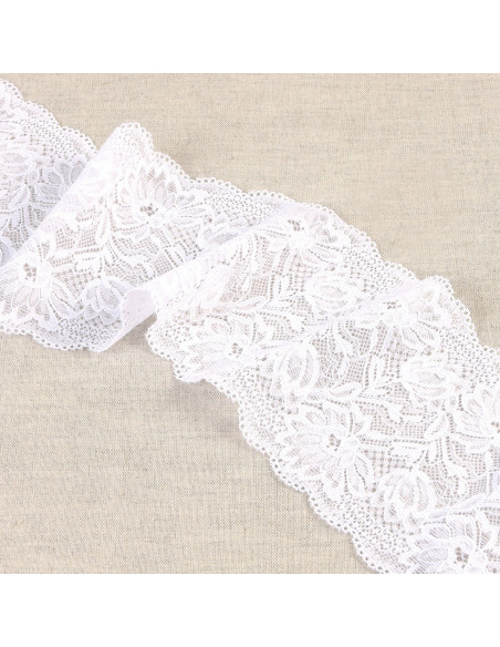 Ruban dentelle élastique fleurs, 10cm, blanc