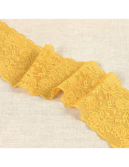 Ruban dentelle élastique fleurs, 10cm, jaune moutarde