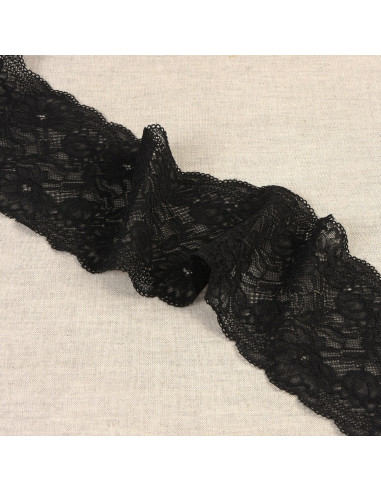 Ruban dentelle élastique fleurs, 10cm, noir