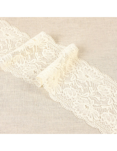 Ruban dentelle élastique fleurs, 10cm, écru
