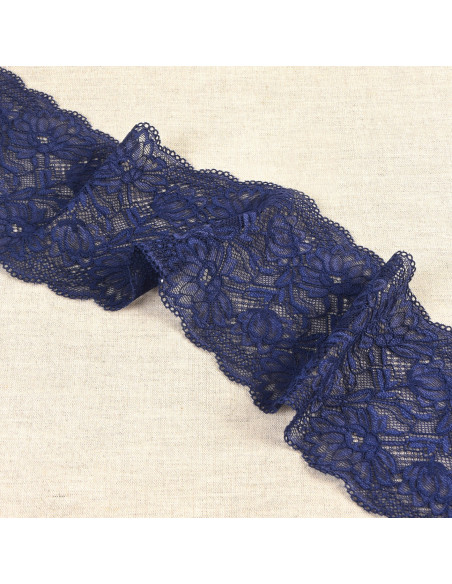 Ruban dentelle élastique fleurs, 10cm, bleu marine