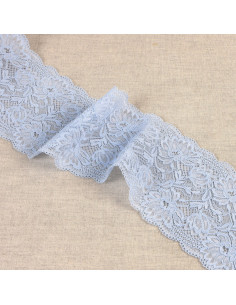 Ruban dentelle élastique fleurs, 10cm, bleu ciel