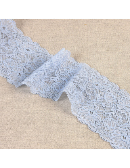 Ruban dentelle élastique fleurs, 10cm, bleu ciel