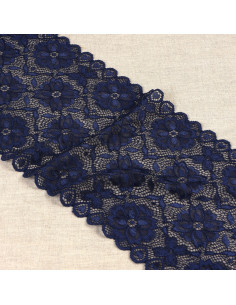 Ruban dentelle élastique fleurs, 18cm, bleu marine