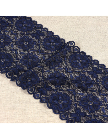 Ruban dentelle élastique fleurs, 18cm, bleu marine