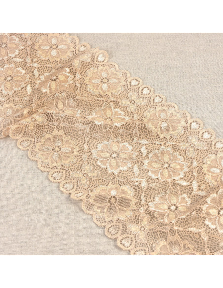 Ruban dentelle élastique fleurs, 18cm, beige