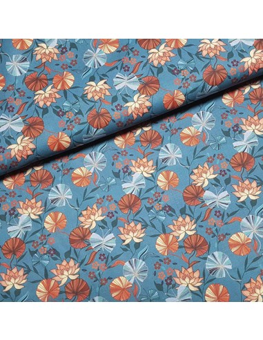 Tissu, Popeline de Coton Fleurie Digitale, Tons Bleus et Rouges, Laize 150 cm, 100% Coton 75g/m²