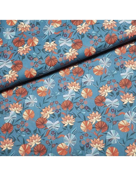 Tissu, Popeline de Coton Fleurie Digitale, Tons Bleus et Rouges, Laize 150 cm, 100% Coton 75g/m²