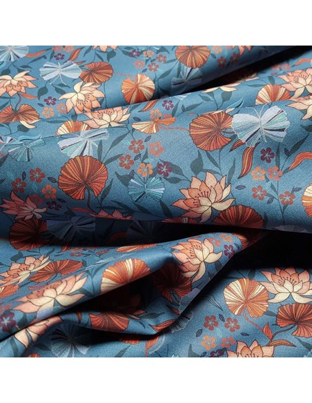 Tissu, Popeline de Coton Fleurie Digitale, Tons Bleus et Rouges, Laize 150 cm, 100% Coton 75g/m²