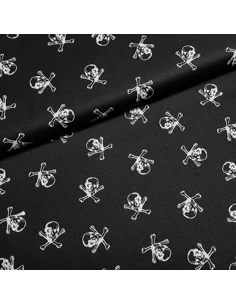 Tissu, Popeline de Coton, Têtes de Mort Blanc sur Noir, Laize 150 cm, 100% Coton Oeko-Tex