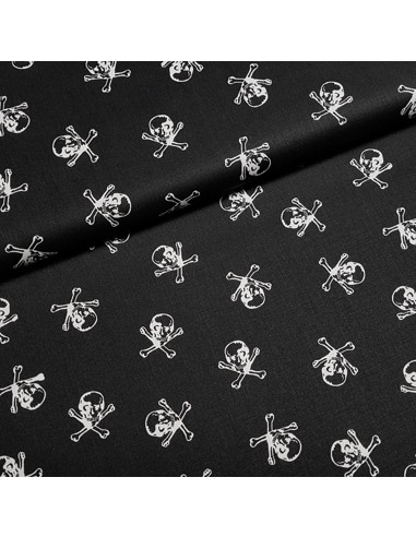 Tissu, Popeline de Coton, Têtes de Mort Blanc sur Noir, Laize 150 cm, 100% Coton Oeko-Tex