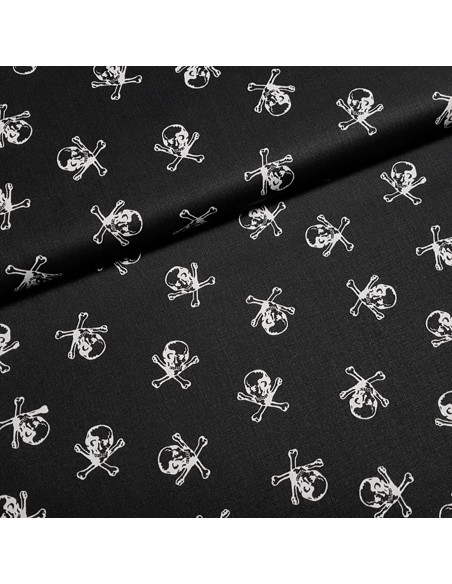 Tissu, Popeline de Coton, Têtes de Mort Blanc sur Noir, Laize 150 cm, 100% Coton Oeko-Tex