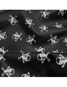 Tissu, Popeline de Coton, Têtes de Mort Blanc sur Noir, Laize 150 cm, 100% Coton Oeko-Tex 2