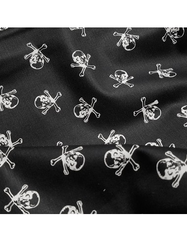 Tissu, Popeline de Coton, Têtes de Mort Blanc sur Noir, Laize 150 cm, 100% Coton Oeko-Tex