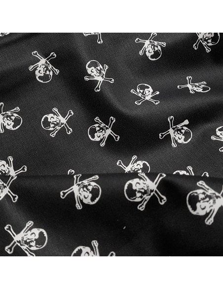 Tissu, Popeline de Coton, Têtes de Mort Blanc sur Noir, Laize 150 cm, 100% Coton Oeko-Tex