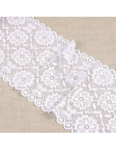Ruban dentelle élastique fleurs, 18cm, blanc