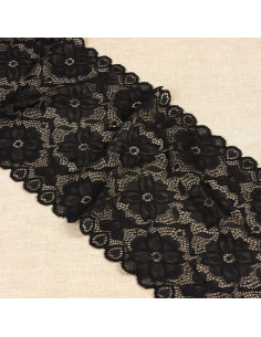 Ruban dentelle élastique fleurs, 18cm, noir