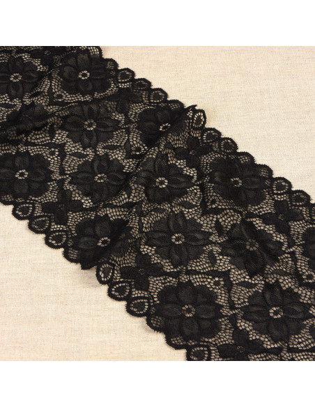 Ruban dentelle élastique fleurs, 18cm, noir