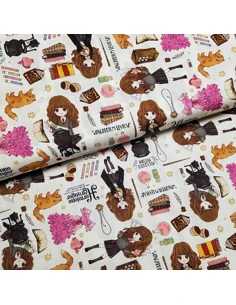 Tissu, Popeline de Coton, Motifs Harry Potter Hermione, Laize 150 cm, 100% Coton Oeko-Tex
