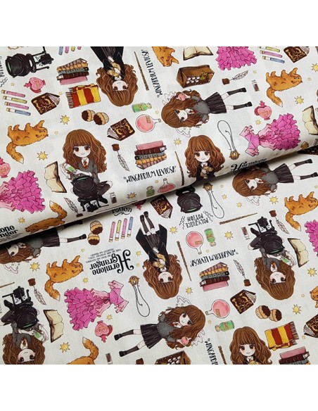 Tissu, Popeline de Coton, Motifs Harry Potter Hermione, Laize 150 cm, 100% Coton Oeko-Tex