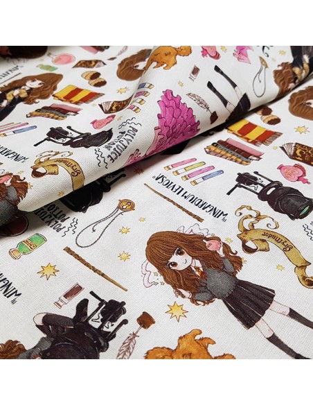 Tissu, Popeline de Coton, Motifs Harry Potter Hermione, Laize 150 cm, 100% Coton Oeko-Tex