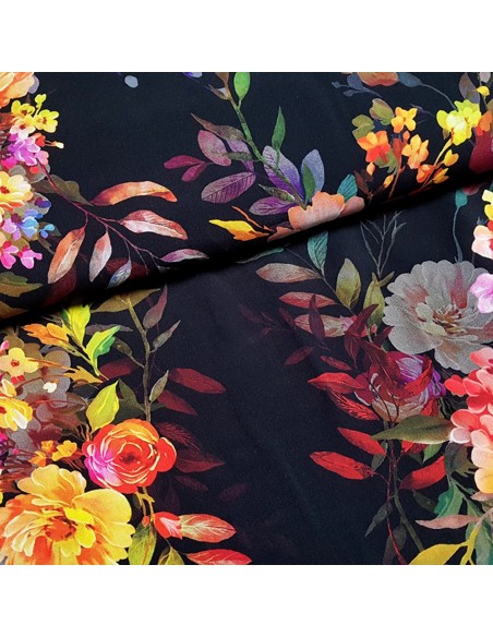 Tissu, Viscose Fleuri, Noir Multicolore, Laize 145 cm, 100% Viscose 152g/m²