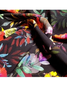Tissu, Viscose Fleuri, Noir Multicolore, Laize 145 cm, 100% Viscose 152g/m² 2