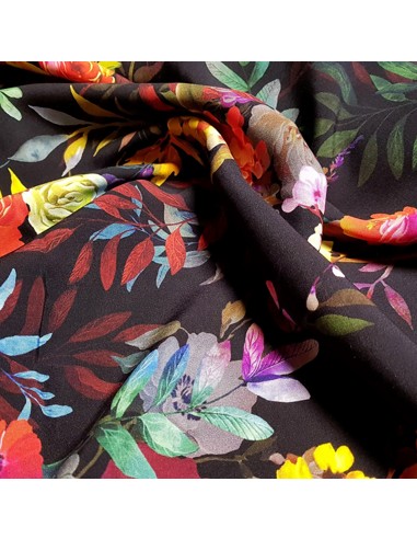 Tissu, Viscose Fleuri, Noir Multicolore, Laize 145 cm, 100% Viscose 152g/m²