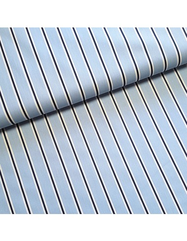 Tissu, Popeline de Coton Rayée, Bleu, Laize 148 cm, 100% Coton 192g/m²