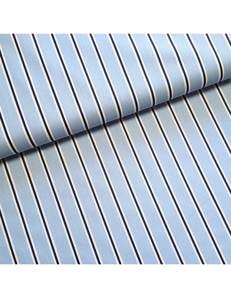 Tissu, Popeline de Coton Rayée, Bleu, Laize 148 cm, 100% Coton 192g/m²