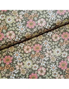Tissu, Popeline de Coton Fleurs 70's, Multicolore Rétro, Laize 148 cm, 100% Coton 192g/m²