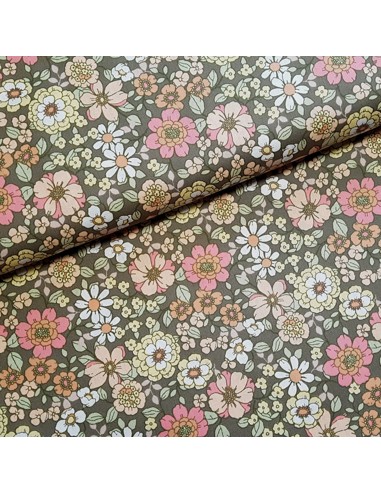 Tissu, Popeline de Coton Fleurs 70's, Multicolore Rétro, Laize 148 cm, 100% Coton 192g/m²