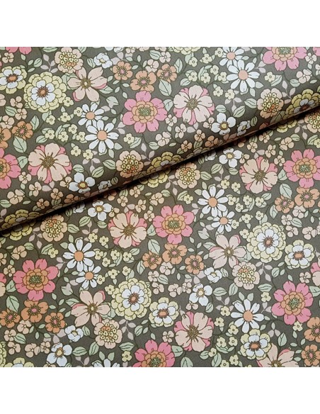Tissu, Popeline de Coton Fleurs 70's, Multicolore Rétro, Laize 148 cm, 100% Coton 192g/m²