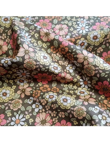 Tissu, Popeline de Coton Fleurs 70's, Multicolore Rétro, Laize 148 cm, 100% Coton 192g/m²