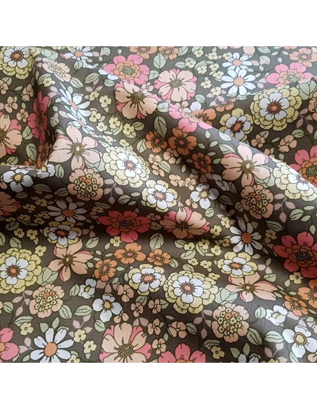 Tissu, Popeline de Coton Fleurs 70's, Multicolore Rétro, Laize 148 cm, 100% Coton 192g/m²