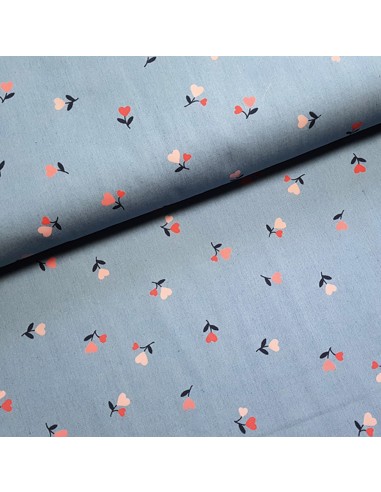 Tissu, Coton Chambray Fleurs et Cœurs, Bleu Gris Chiné, Laize 145 cm, 100% Coton 120g/m²