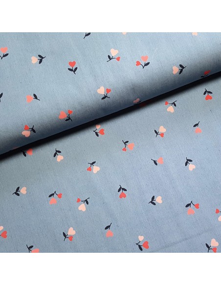 Tissu, Coton Chambray Fleurs et Cœurs, Bleu Gris Chiné, Laize 145 cm, 100% Coton 120g/m²