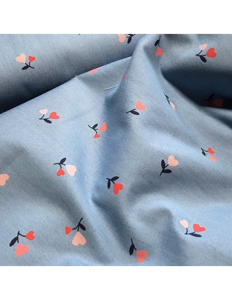 Tissu, Coton Chambray Fleurs et Cœurs, Bleu Gris Chiné, Laize 145 cm, 100% Coton 120g/m²
