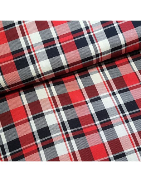 Tissu, Twill de Viscose Carreaux, Rouges et Bleu Marine, Laize 140 cm, 100% Viscose 182g/ml