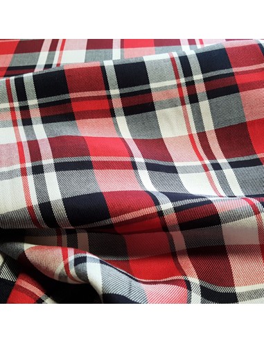 Tissu, Twill de Viscose Carreaux, Rouges et Bleu Marine, Laize 140 cm, 100% Viscose 182g/ml