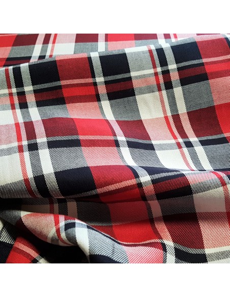 Tissu, Twill de Viscose Carreaux, Rouges et Bleu Marine, Laize 140 cm, 100% Viscose 182g/ml